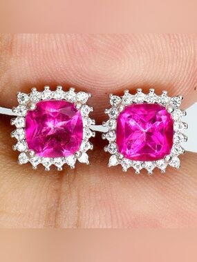 Stunning Natural 1.15CT Pink Topaz with zircon Halo Stud Earrings 14K White Gold